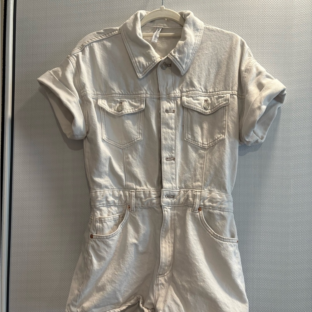 White Denim Short Sleeve Jumpsuit